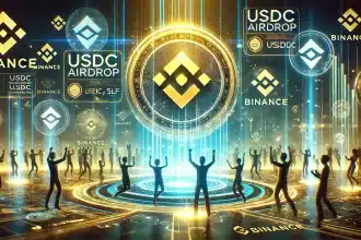 crie uma imagem horizontal com base no titulo:Binance anuncia airdrop de USDC para investidores de FRONT e SLF