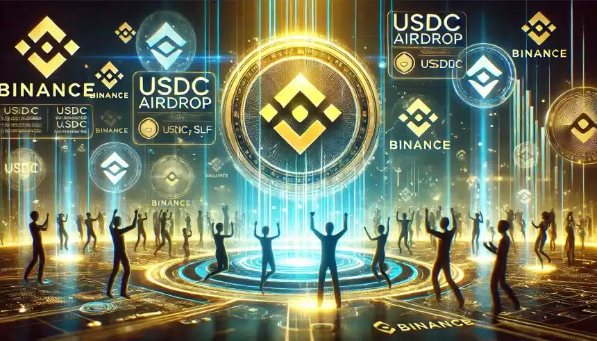 crie uma imagem horizontal com base no titulo:Binance anuncia airdrop de USDC para investidores de FRONT e SLF