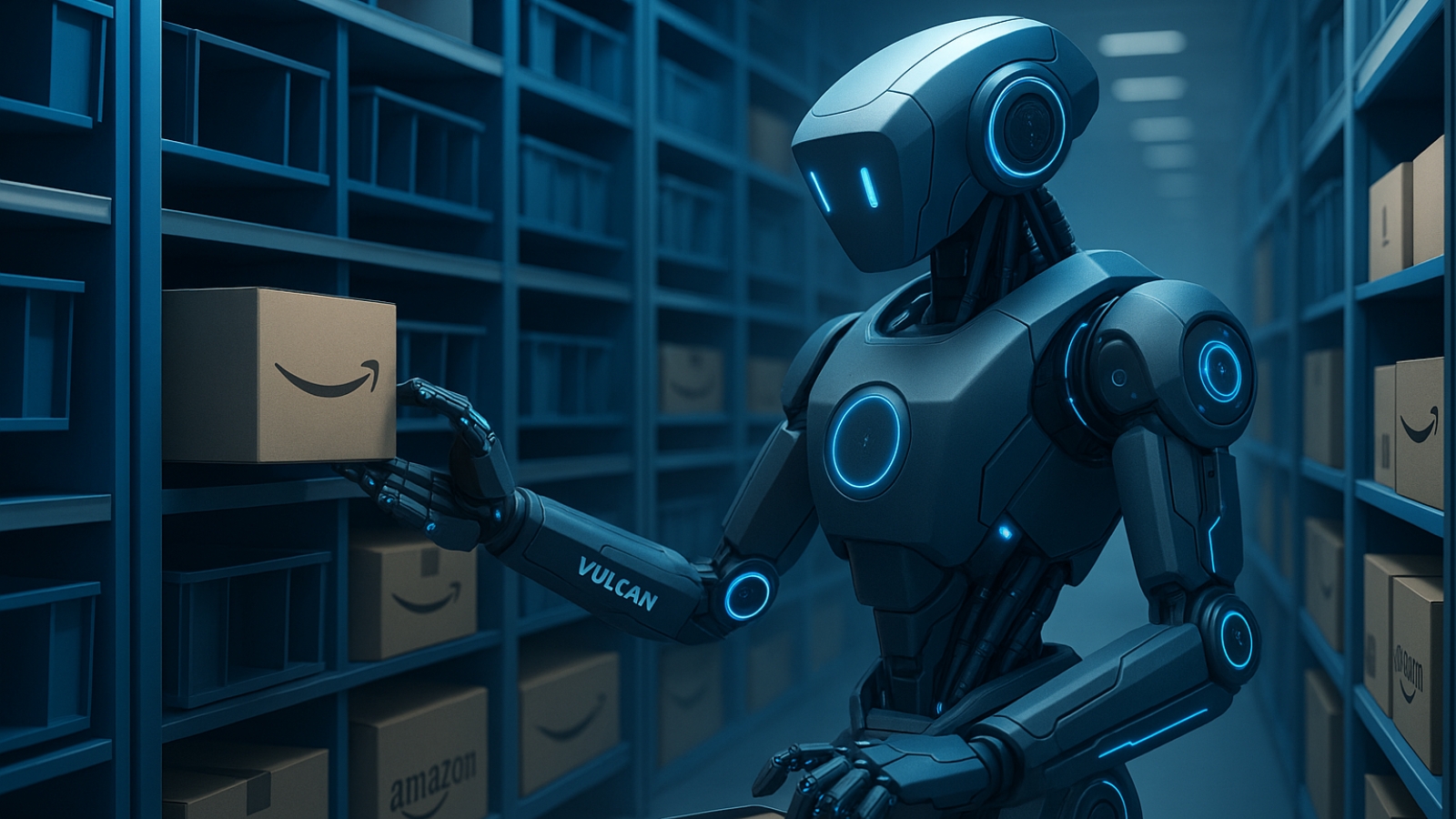 Amazon lança robô Vulcan com IA e tato para otimizar armazéns - Imagem: ChatGPT