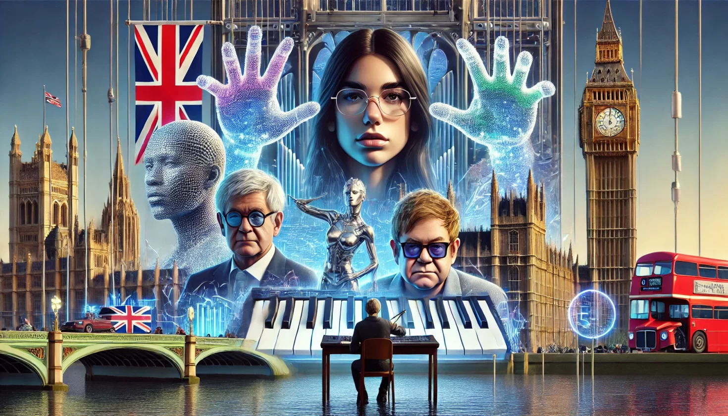 Artistas britânicos como Dua Lipa, Elton John e Ian McKellen pressionam governo por proteção contra IA - Imagem: Dall-E