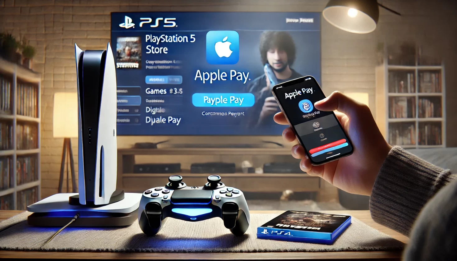 PS5 agora aceita Apple Pay para compras de jogos e conteúdos - Imagem: Dall-E