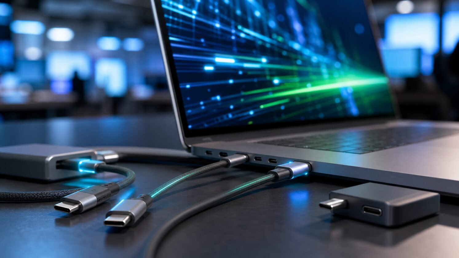 Imagem editorial gerada para a pauta: App gratuito para Mac identifica o que cabos USB-C realmente conseguem fazer