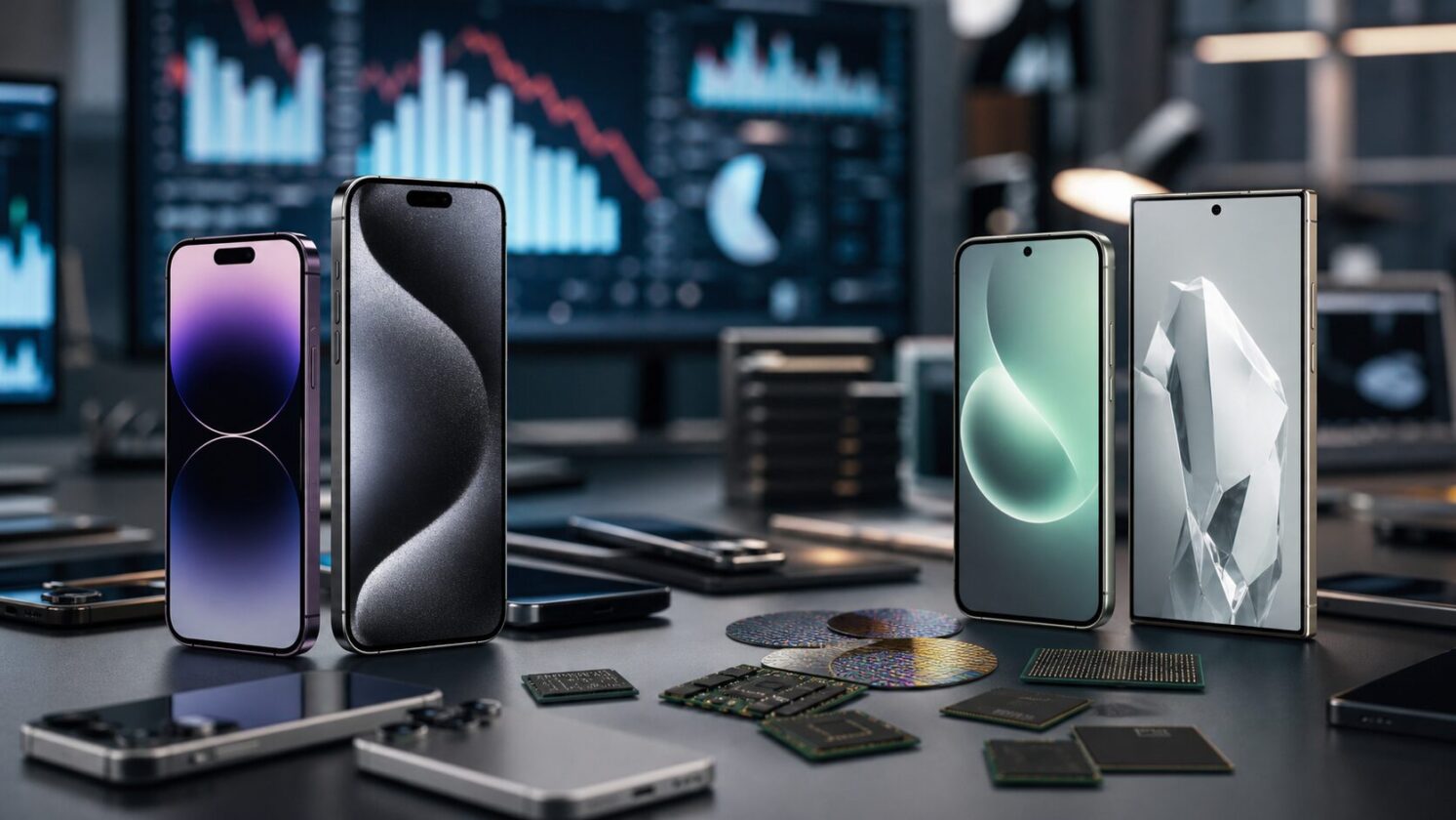 Imagem editorial gerada para a pauta: Apple e Samsung ganham participação enquanto escassez de memória derruba smartphones