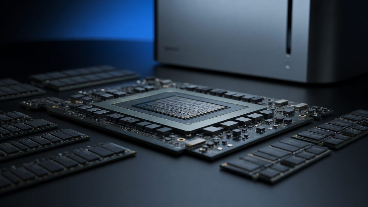Imagem editorial gerada para a pauta: Apple pode preparar chip M7 Ultra com até 1,5 TB de memória unificada, diz newsletter