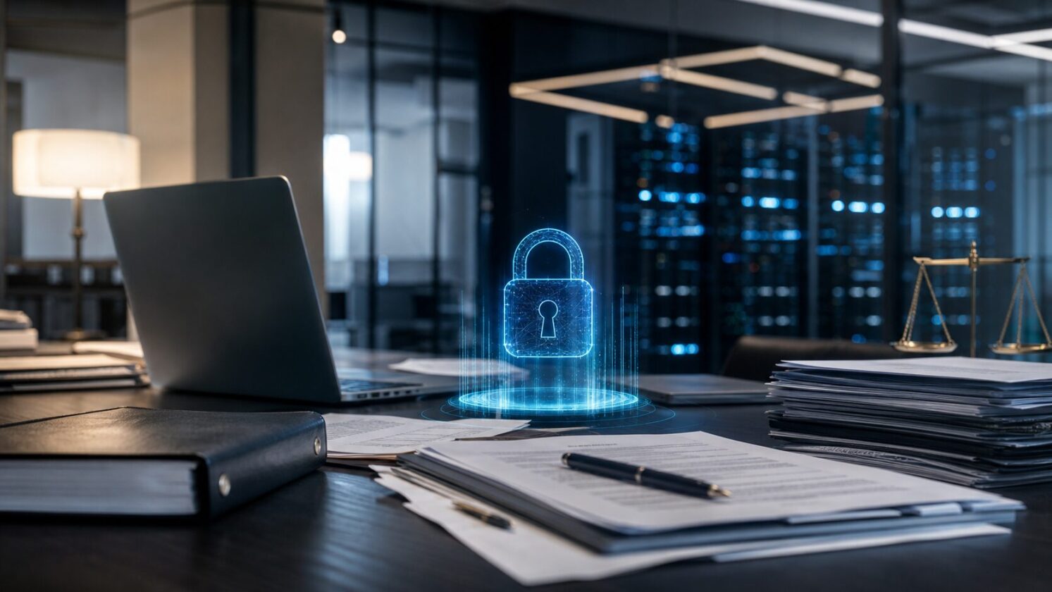 Imagem editorial gerada para a pauta: Apple processa OpenAI após ex-funcionário supostamente explorar bug para baixar arquivos confidenciais