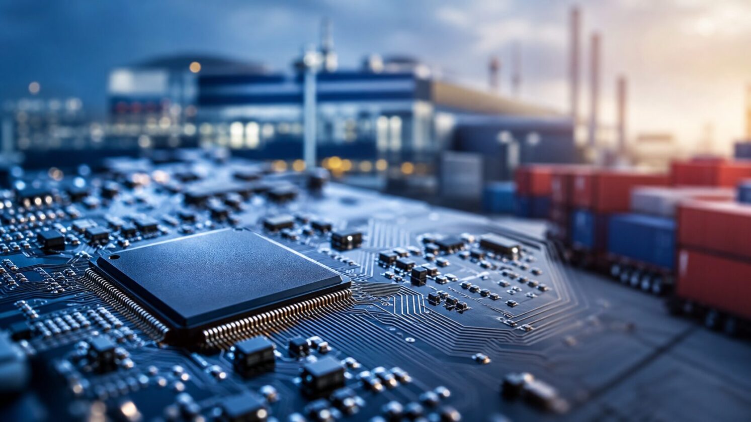 Imagem editorial gerada para a pauta: Apple teria evitado tarifas de semicondutores após acordo para usar chips da Intel nos EUA