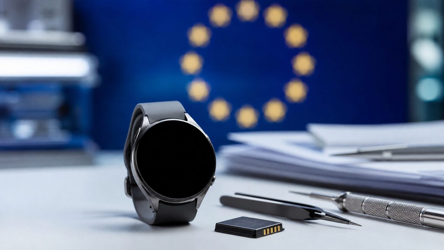 Imagem editorial gerada para a pauta: Apple Watch fica fora de regra europeia de baterias substituíveis pelo usuário