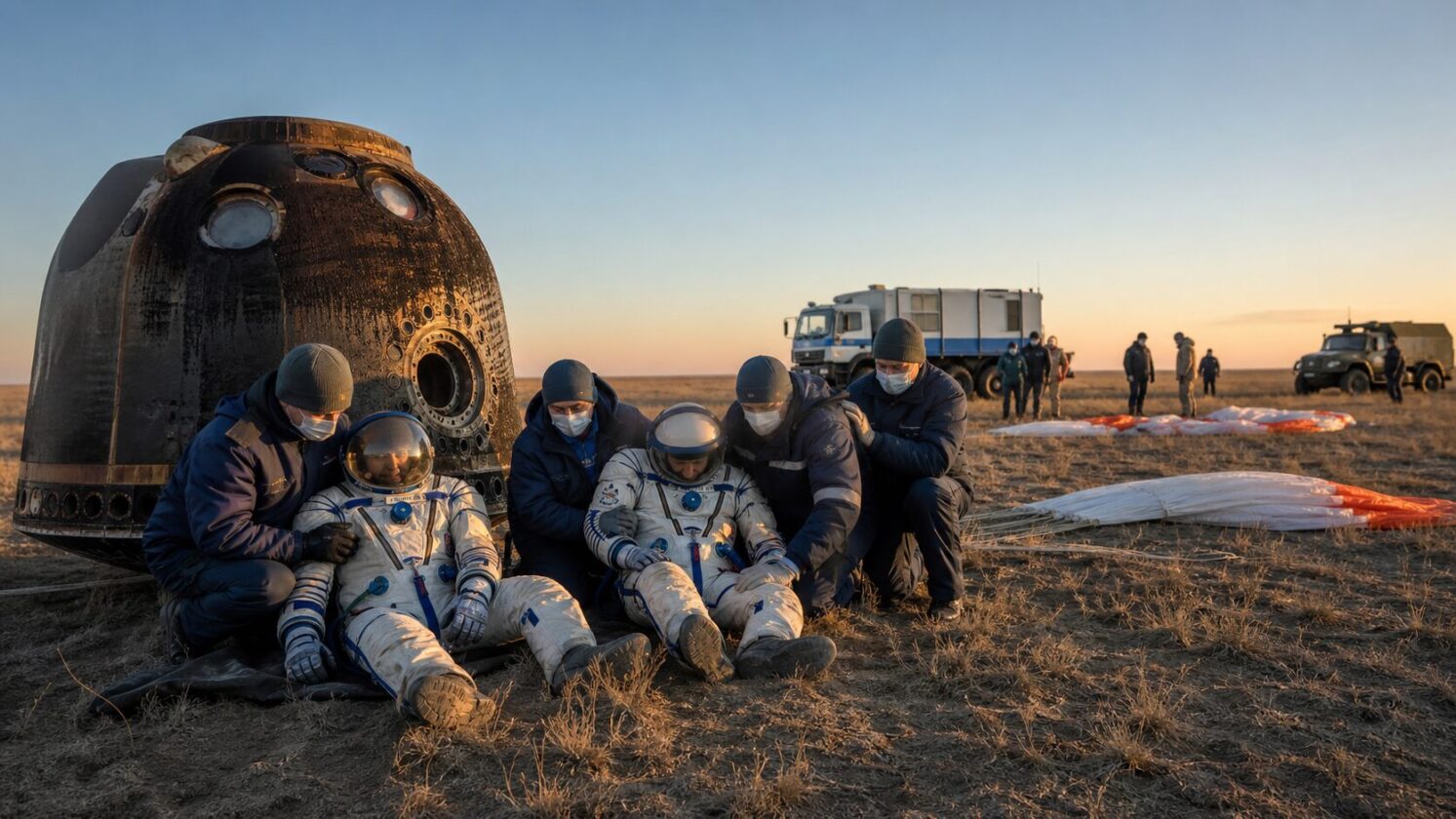 Imagem editorial para a matéria: Astronauta da NASA e dois cosmonautas voltam à Terra após missão de oito meses na ISS