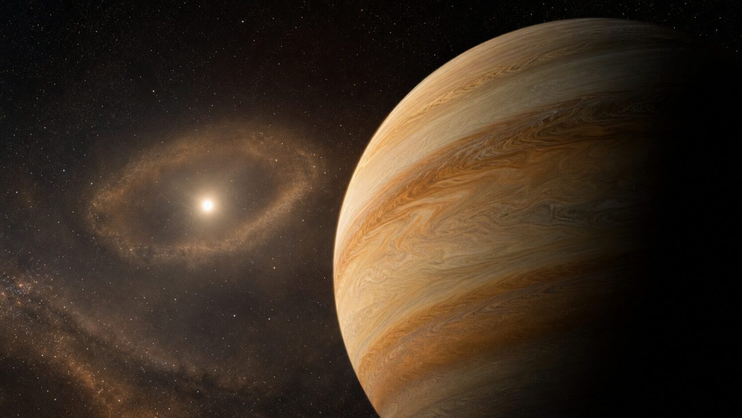 Imagem editorial gerada para a pauta: Astrônomos encontram planeta do tamanho de Júpiter que teria escapado da morte da própria estrela