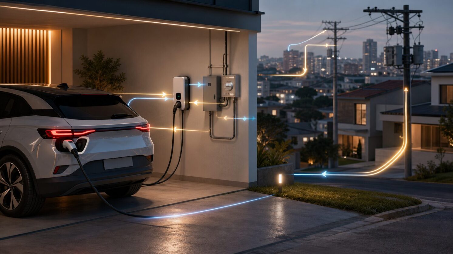 Imagem editorial para a matéria: Carros elétricos podem devolver energia à rede e ajudar a reduzir a pressão no sistema