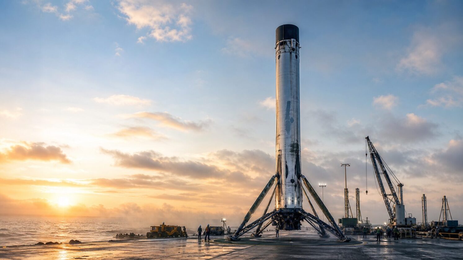 Imagem editorial gerada para a pauta: China recupera booster orbital e avança na corrida por foguetes reutilizáveis