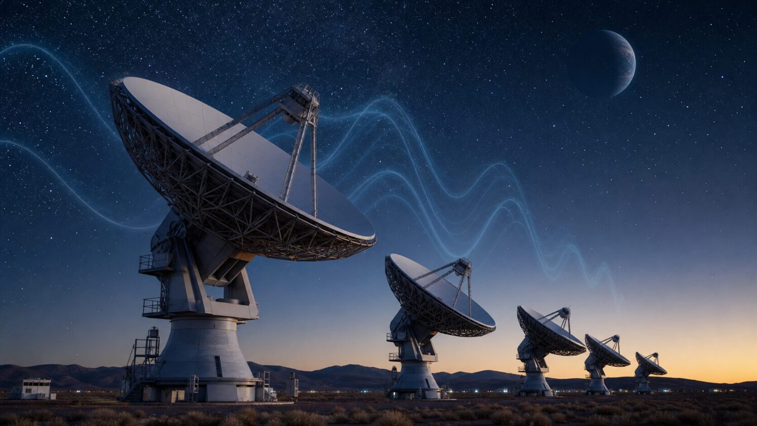 Imagem editorial gerada para a pauta: Cientistas buscaram sinais de rádio artificiais no exoplaneta K2-18b — e não encontraram evidência convincente