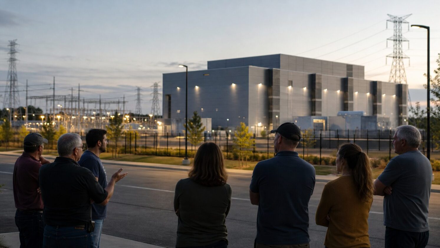 Imagem editorial gerada para a pauta: Comunidades começam a reagir à expansão dos data centers de IA