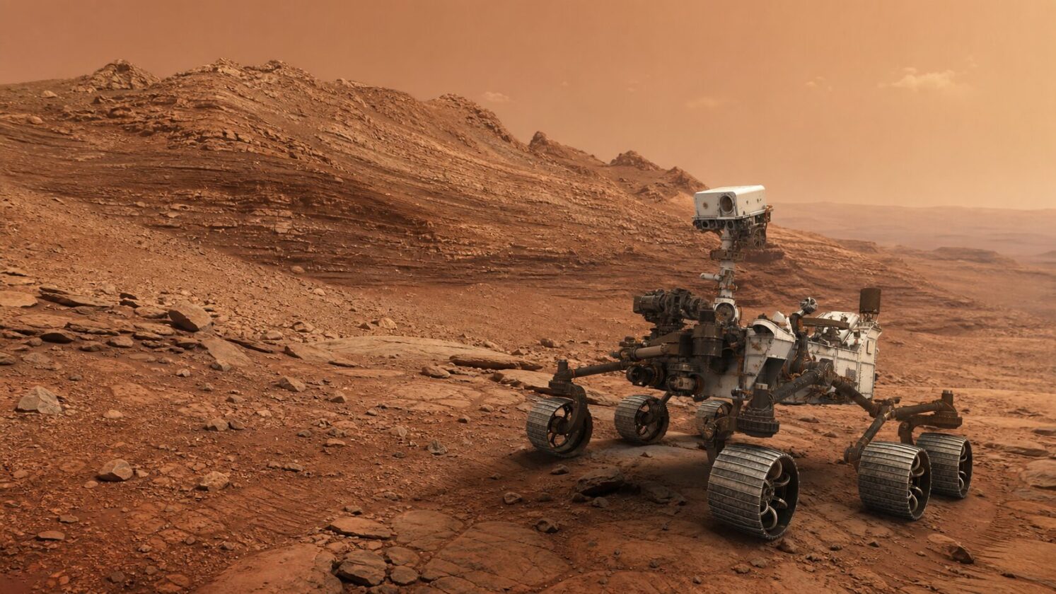 Imagem editorial para a matéria: Curiosity investiga possível transição no registro geológico de Marte ao subir o Monte Sharp