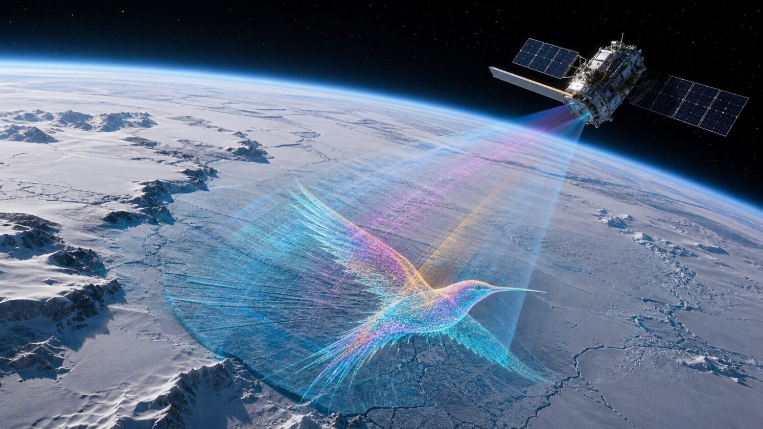 Imagem editorial para a matéria: Dados públicos do satélite NISAR começam a ser liberados e mostram imagem em forma de ‘beija-flor’ na Antártida
