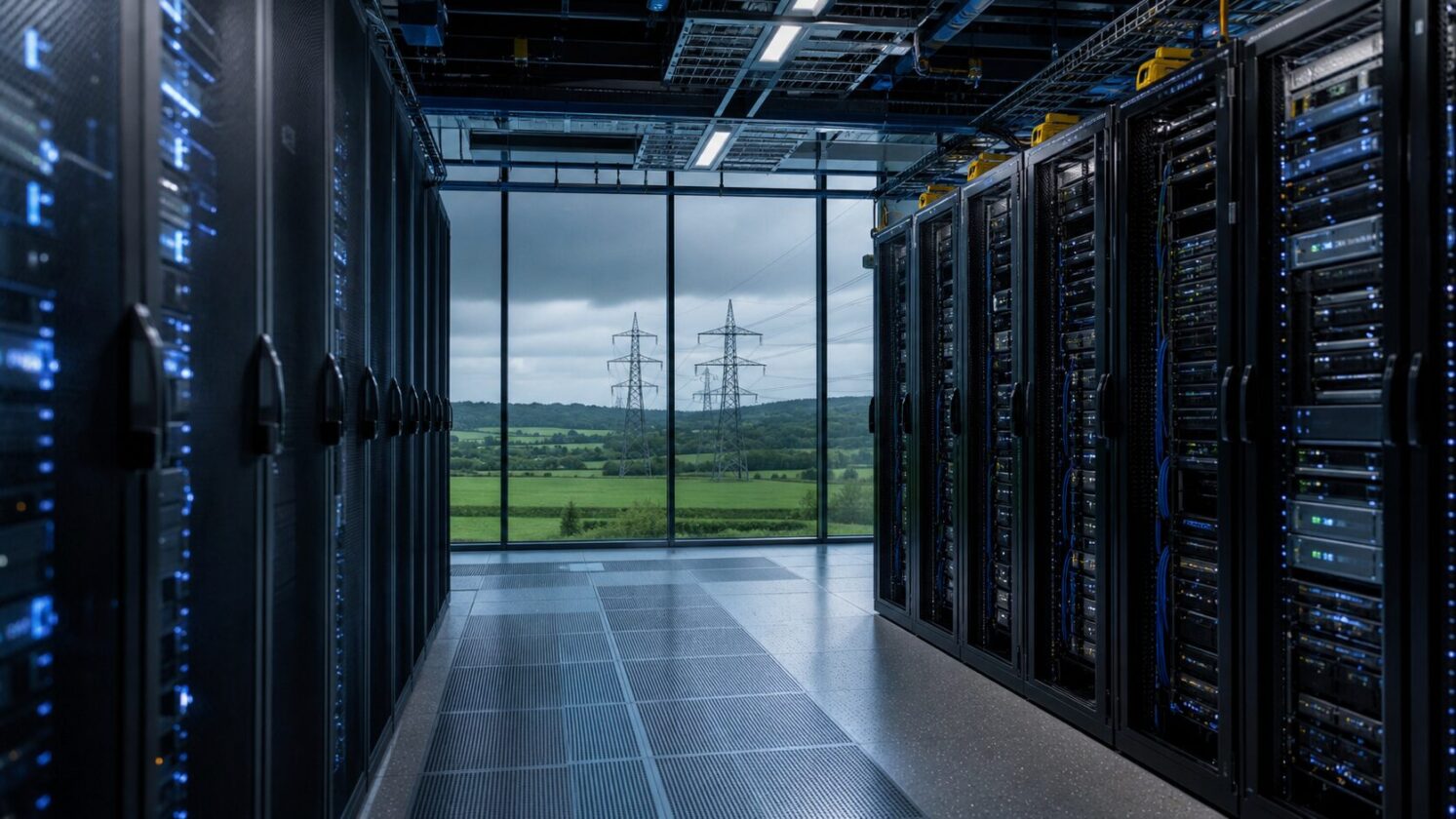 Imagem editorial gerada para a pauta: Data centers já consumiriam 23% da eletricidade da Irlanda, diz levantamento citado pelo Register