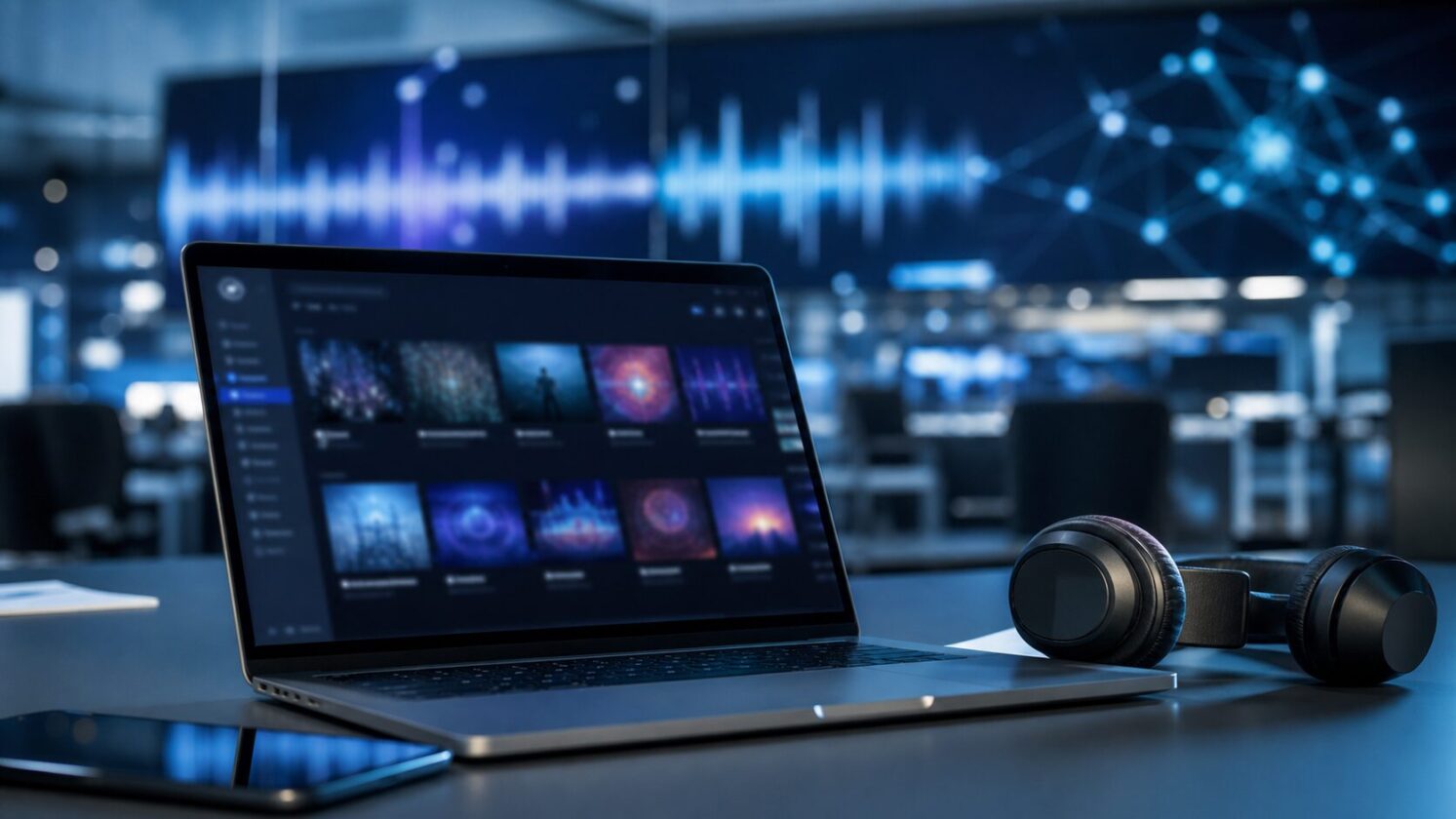 Imagem editorial para a matéria: Deezer diz que músicas geradas por IA já passam de 50% dos uploads diários
