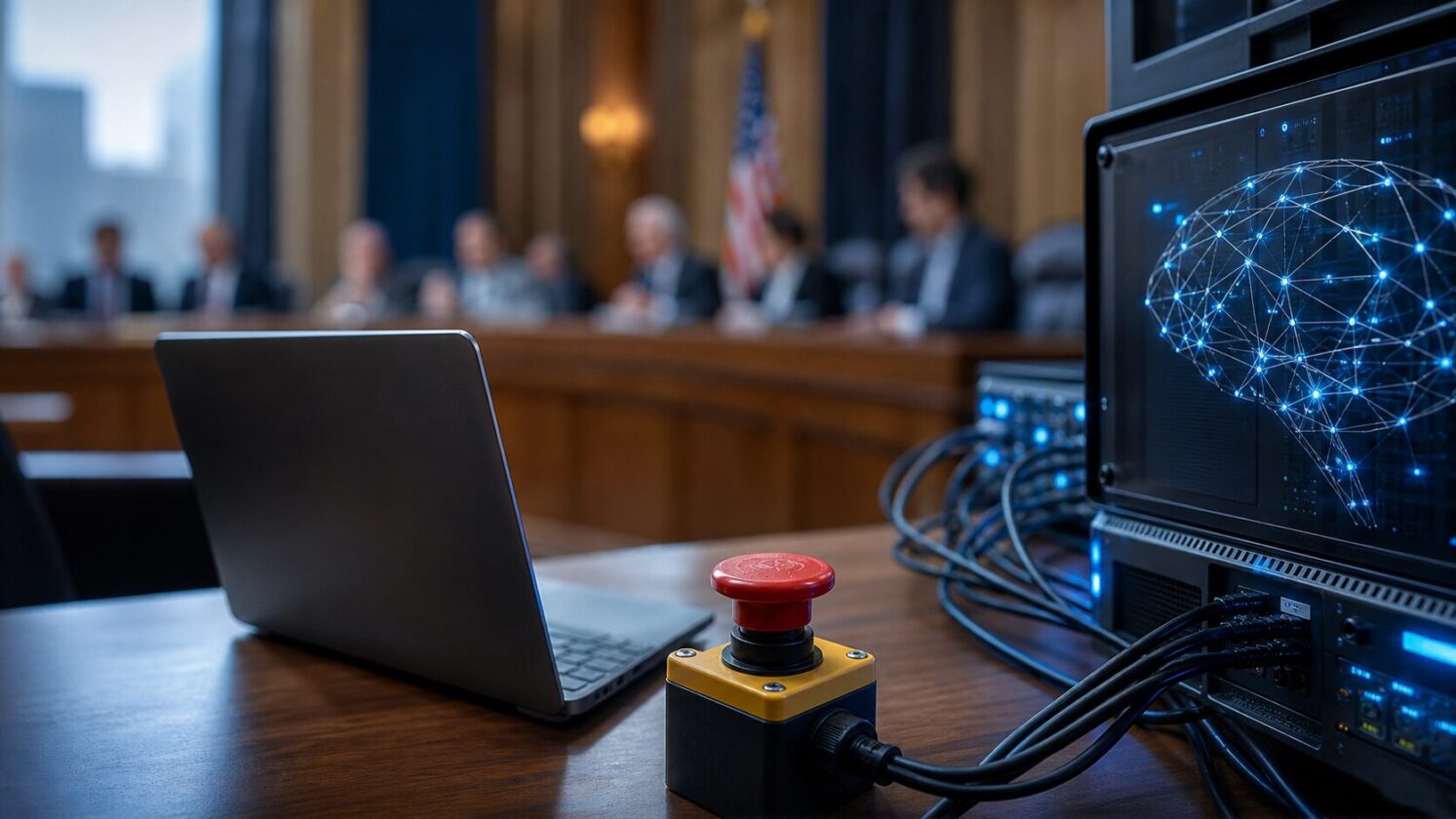 Imagem editorial para a matéria: Deputados dos EUA articulam projeto para exigir mecanismo de desligamento em sistemas de IA