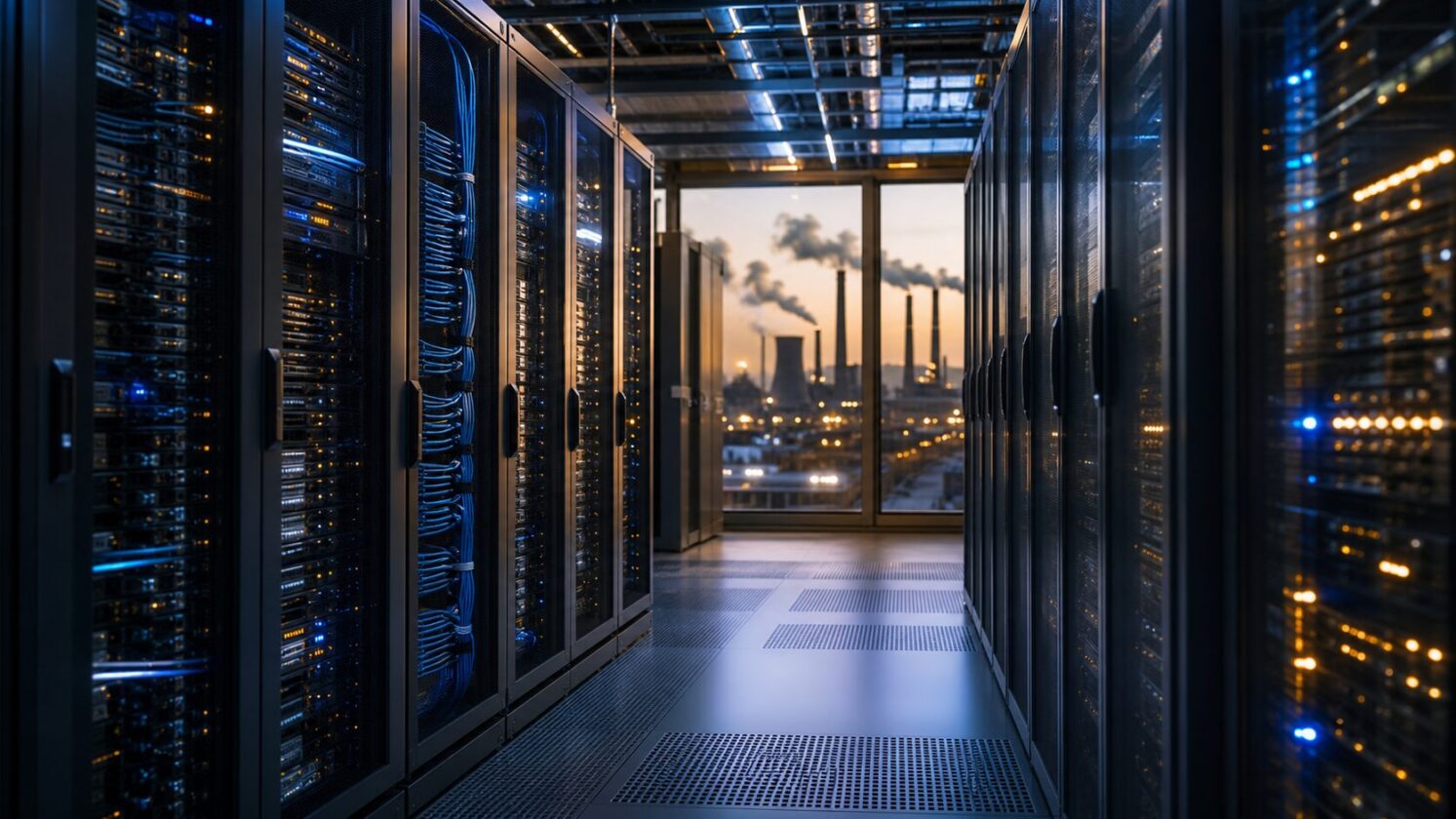 Imagem editorial gerada para a pauta: Emissões da Microsoft teriam saltado 25% com pressão de data centers