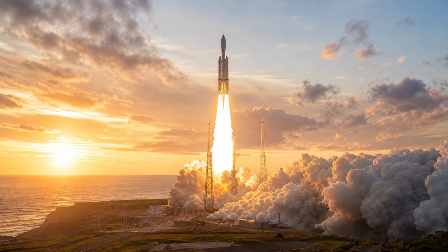 Imagem editorial para a matéria: ESA divulga nova imagem da decolagem vertical do Ariane 6 em seu primeiro voo