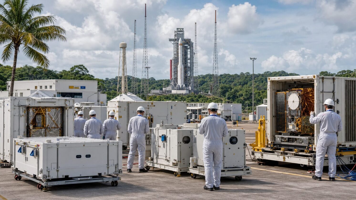 Imagem editorial para a matéria: ESA leva satélites FLEX e Sentinel-3C à Guiana Francesa para lançamento em setembro