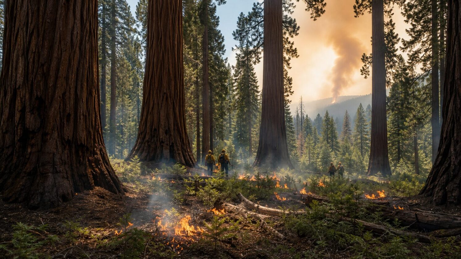 Imagem editorial para a matéria: Estudo financiado pela NASA indica que queimadas controladas elevam sobrevivência de sequoias em incêndios extremos