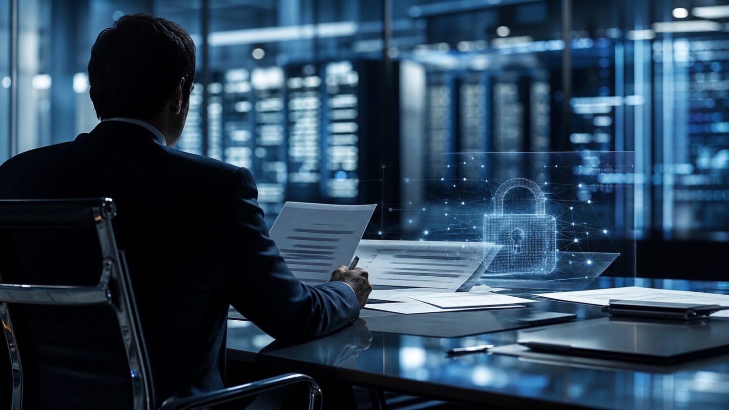 Imagem editorial gerada para a pauta: Executivo da Microsoft alerta empresas sobre proteção de IP diante de laboratórios de IA