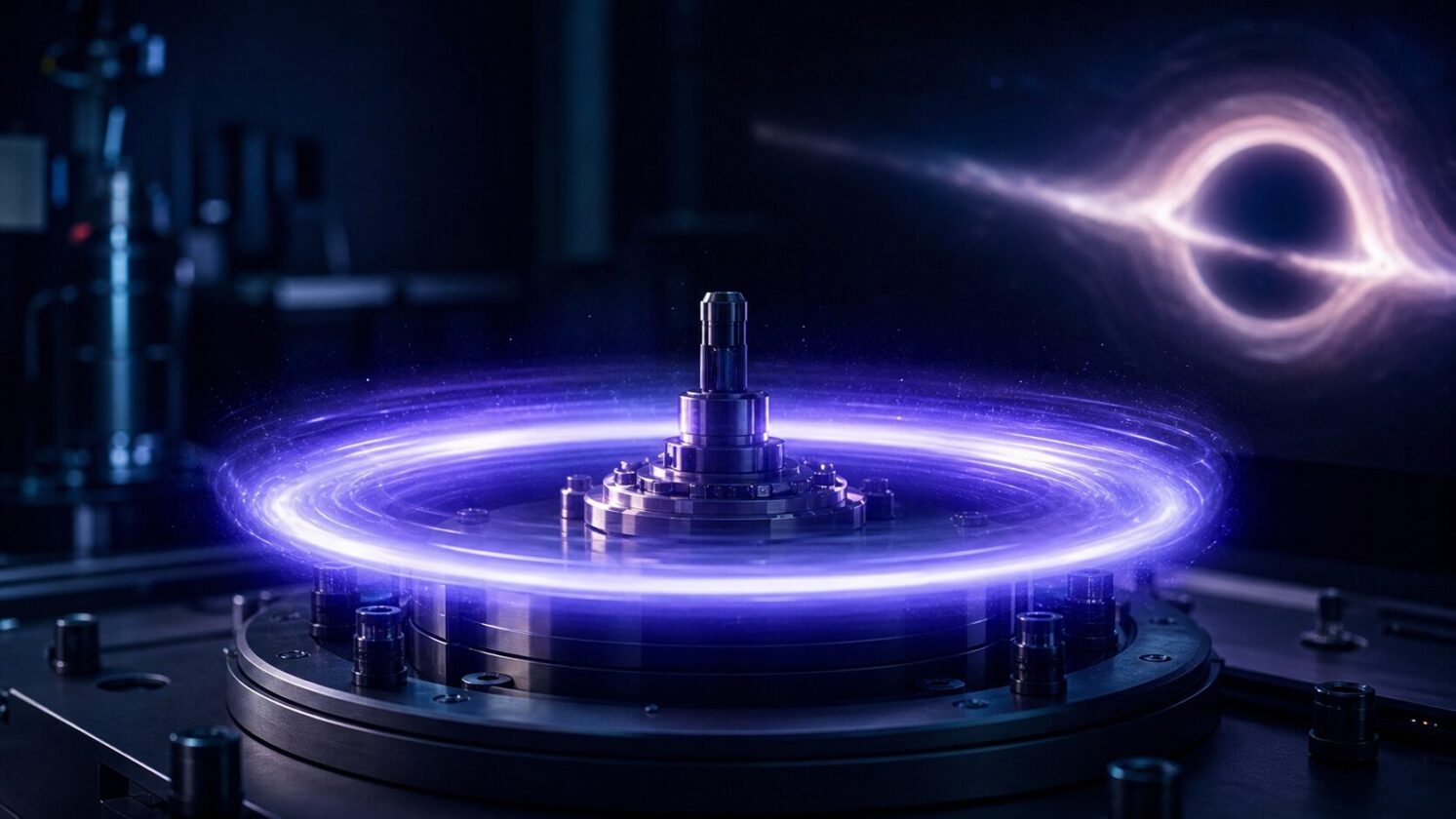 Imagem editorial gerada para a pauta: Experimento recria em laboratório extração de energia de buracos negros giratórios