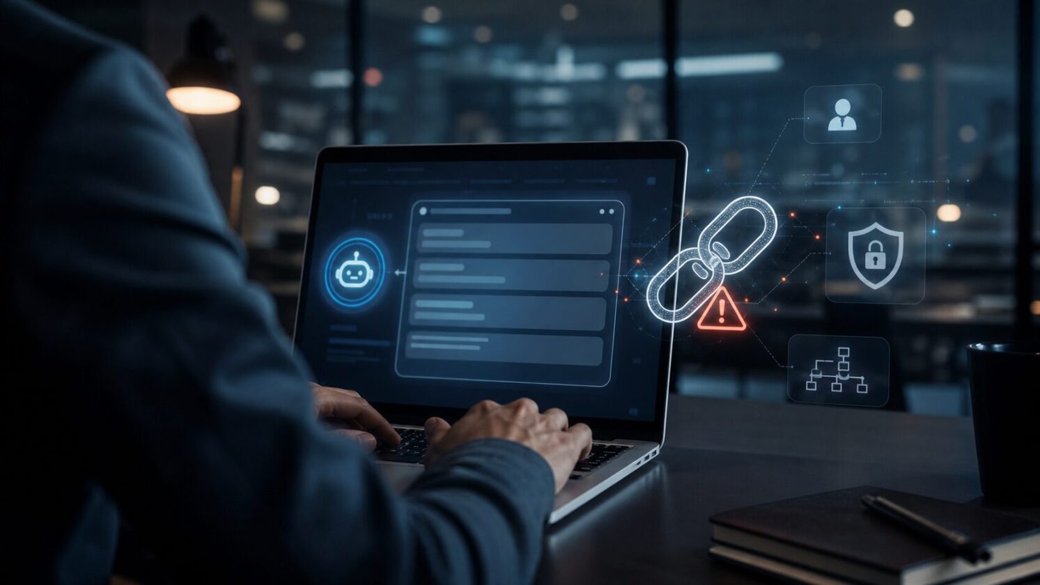 Imagem editorial para a matéria: Falha ligada ao ChatGPT teria permitido criar agente corporativo malicioso por meio de link