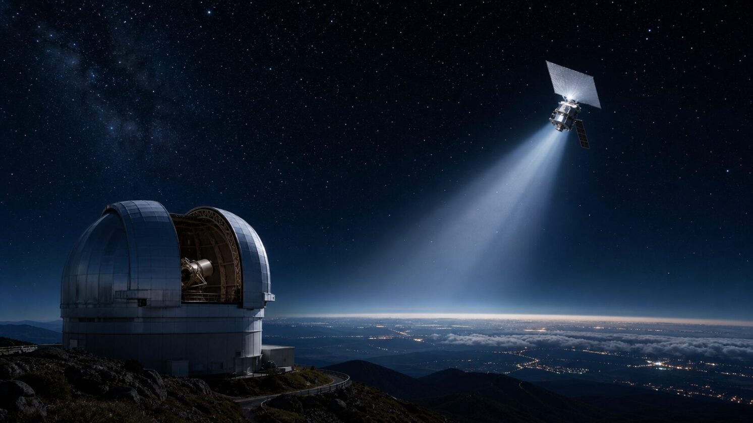 Imagem editorial gerada para a pauta: FCC aprova espelho espacial que refletiria luz solar à noite e preocupa astrônomos