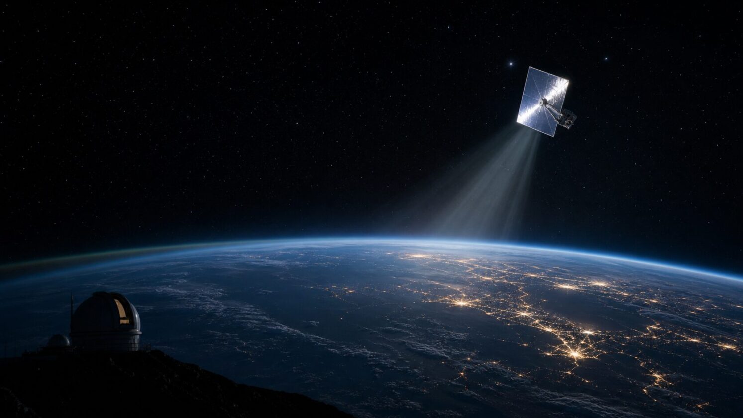 Imagem editorial gerada para a pauta: FCC autoriza satélite-espelho que pode iluminar a Terra à noite