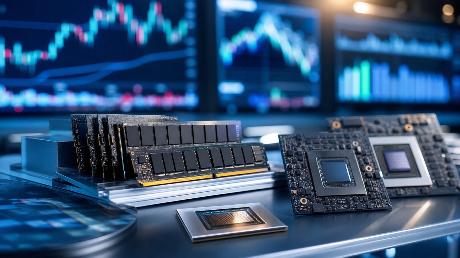Imagem editorial gerada para a pauta: Fornecedor-chave da Nvidia faz IPO histórico impulsionado pela demanda de memória para IA
