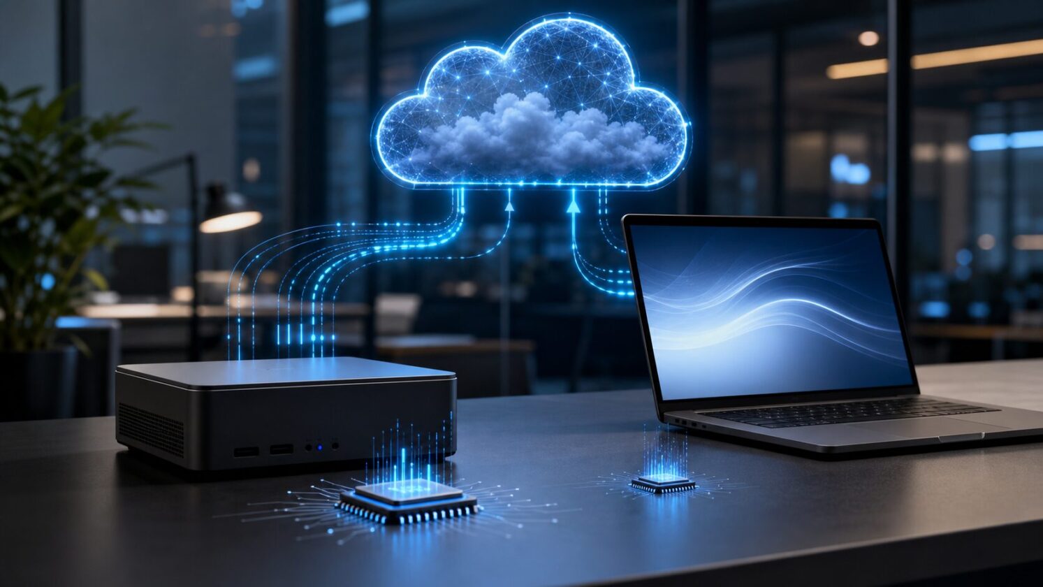 Imagem editorial gerada para a pauta: Gartner vê PCs com IA como forma de reduzir gastos com tokens na nuvem