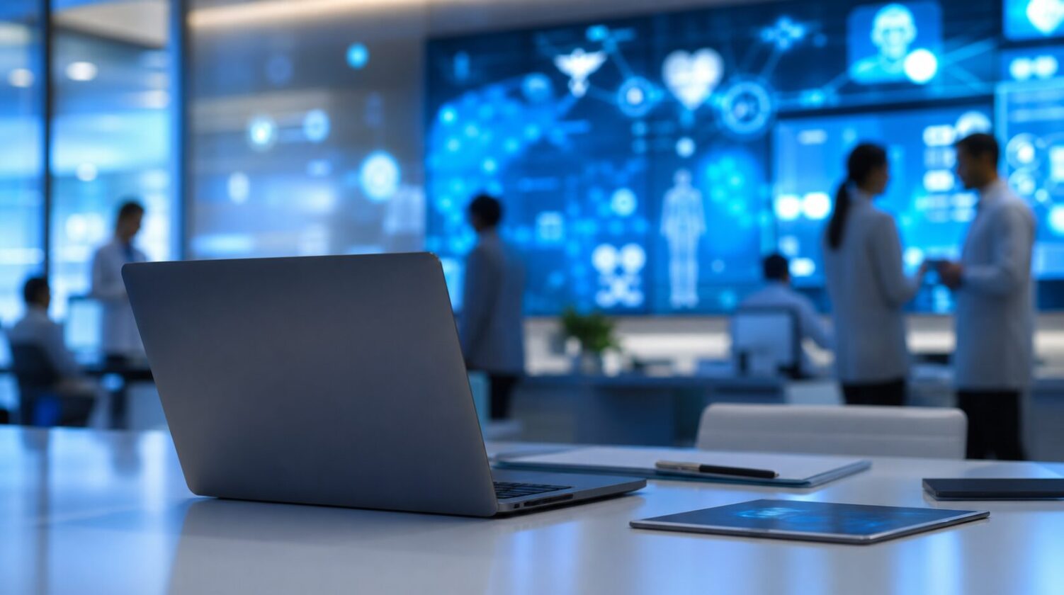 Imagem editorial gerada para a pauta: Google anuncia fundação para manter o Open Health Stack e ampliar software aberto de saúde