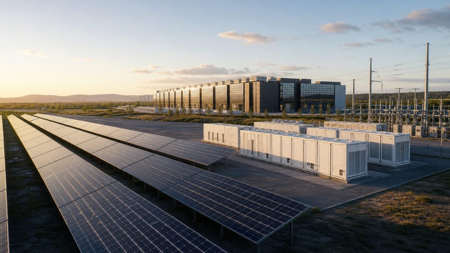 Imagem editorial gerada para a pauta: Google anuncia seu maior projeto de energia solar e baterias até hoje
