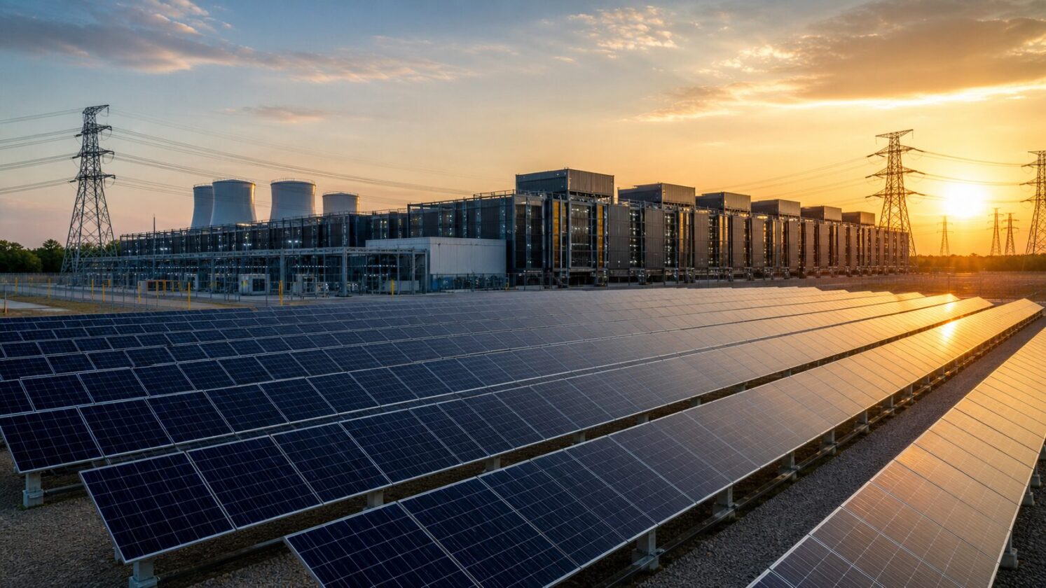 Imagem editorial gerada para a pauta: Google fecha compra da energia de grande usina solar para compensar data centers