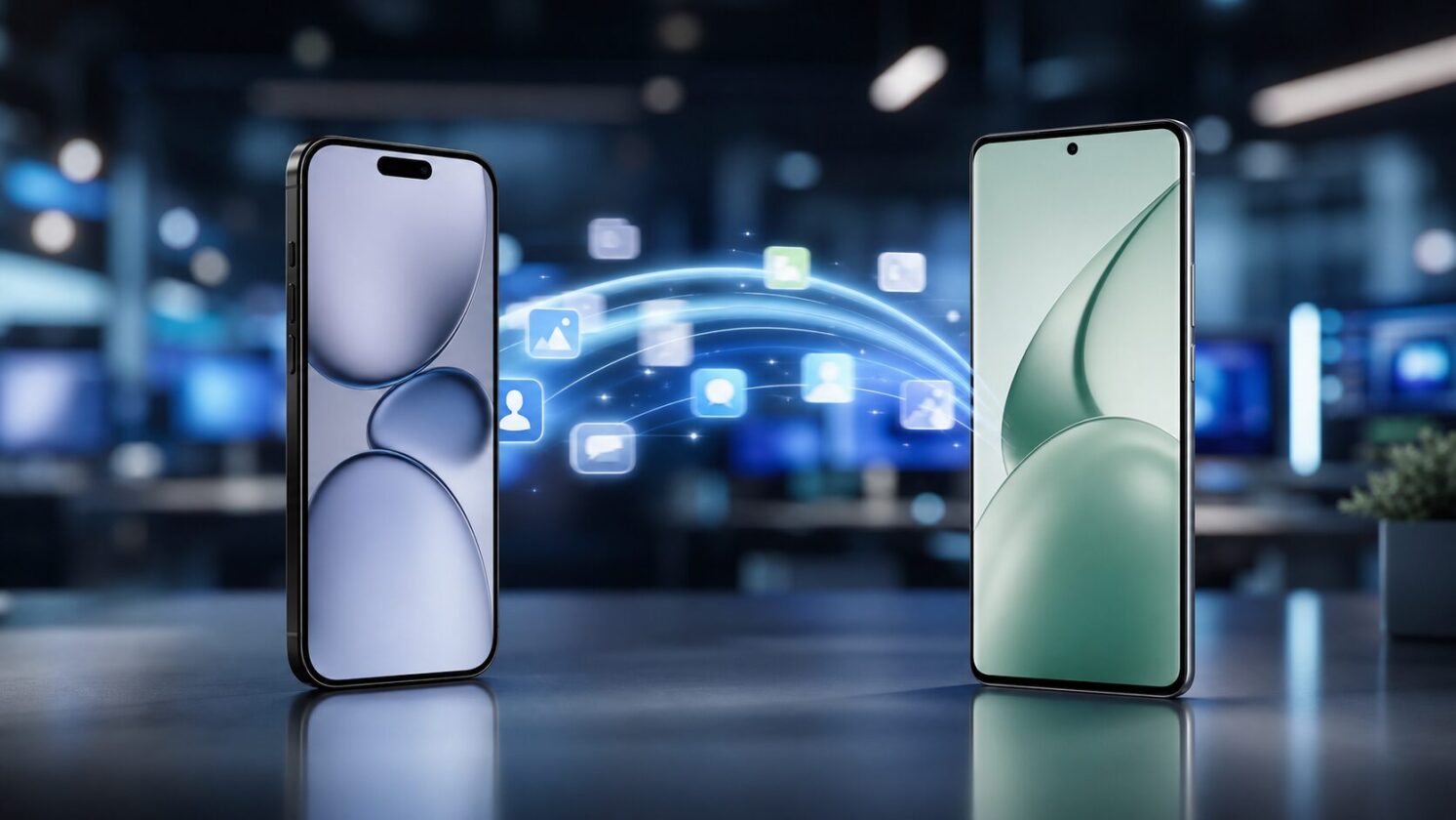 Imagem editorial para a matéria: Google prepara transferência sem fio mais completa para migrar do iPhone ao Android