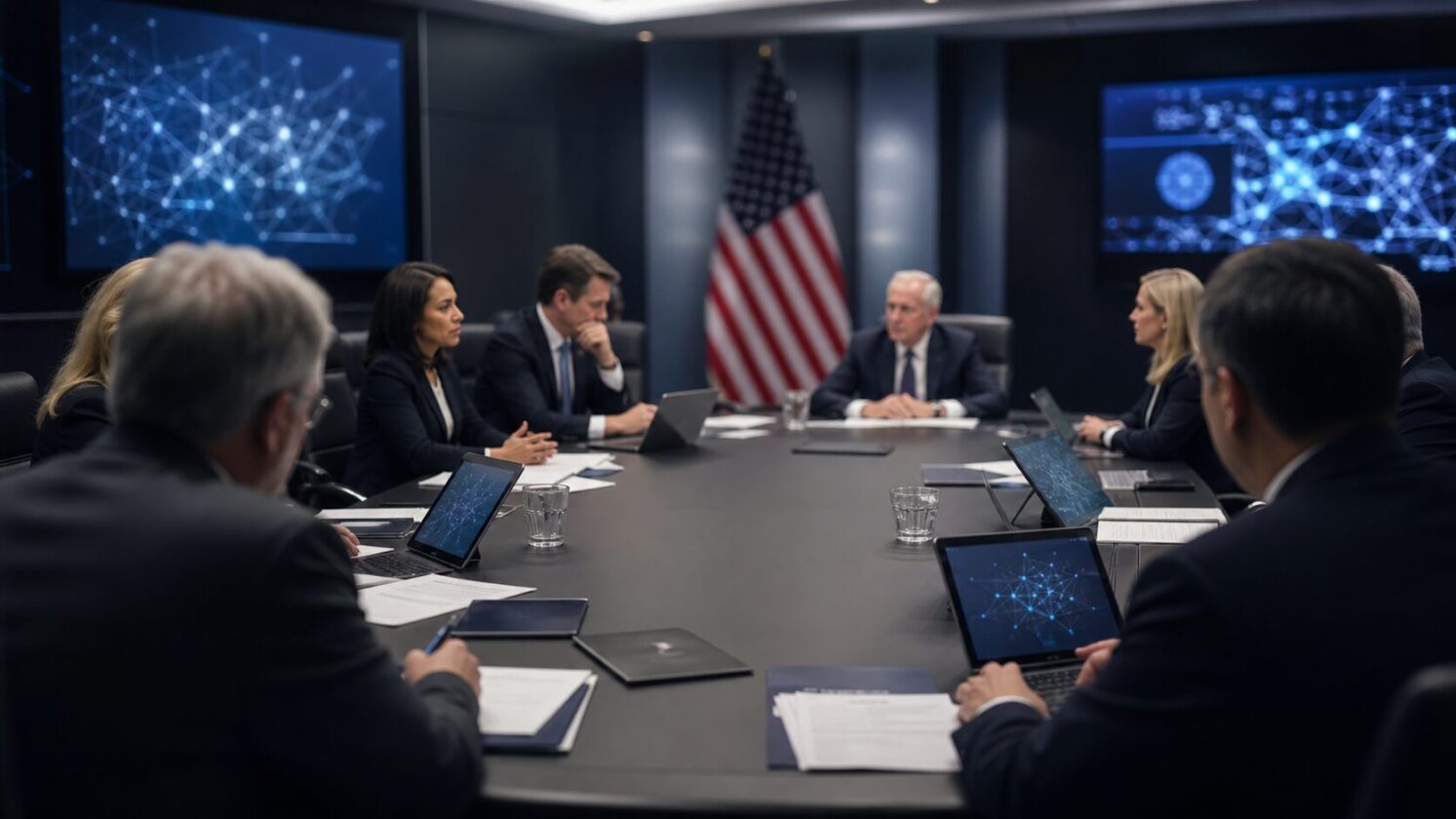 Imagem editorial para a matéria: Grupo de conselheiros e disputas internas molda política de IA ligada a Trump nos EUA