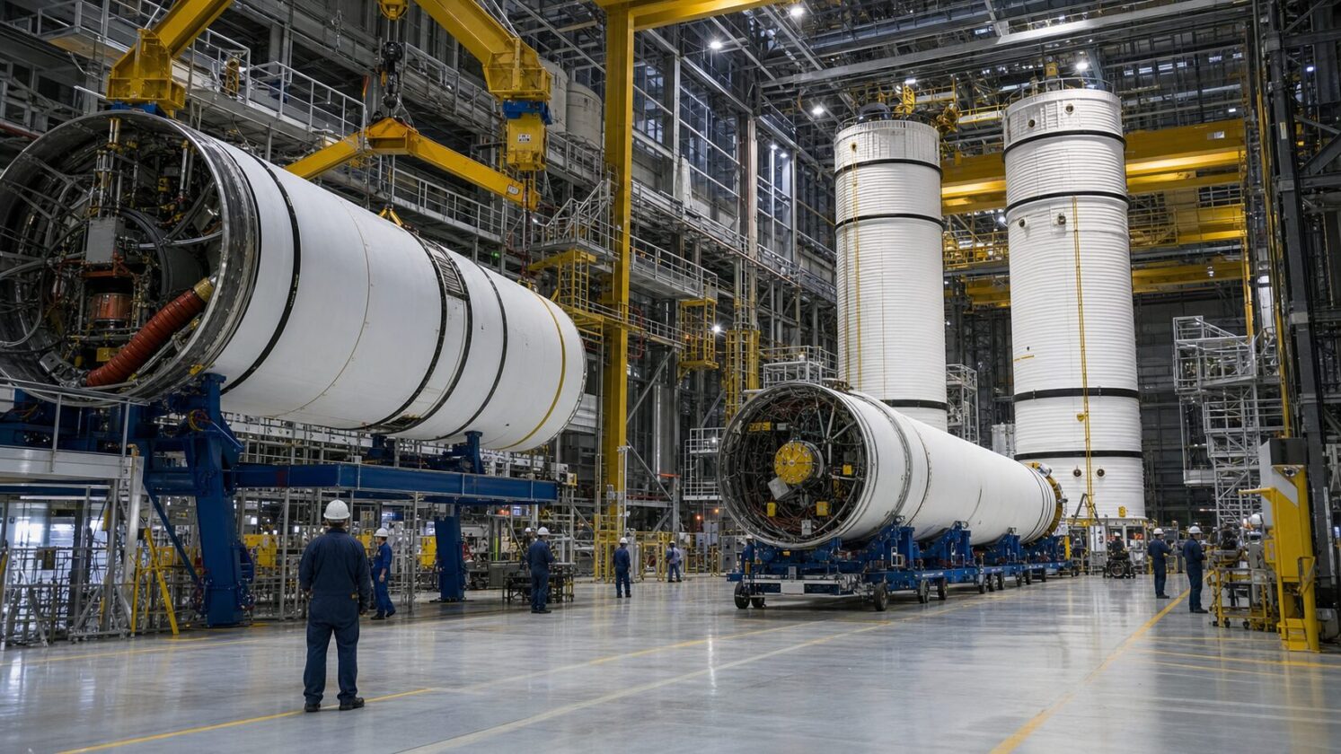 Imagem editorial gerada para a pauta: Hardware de voo da Artemis III começa a ser empilhado no Kennedy Space Center