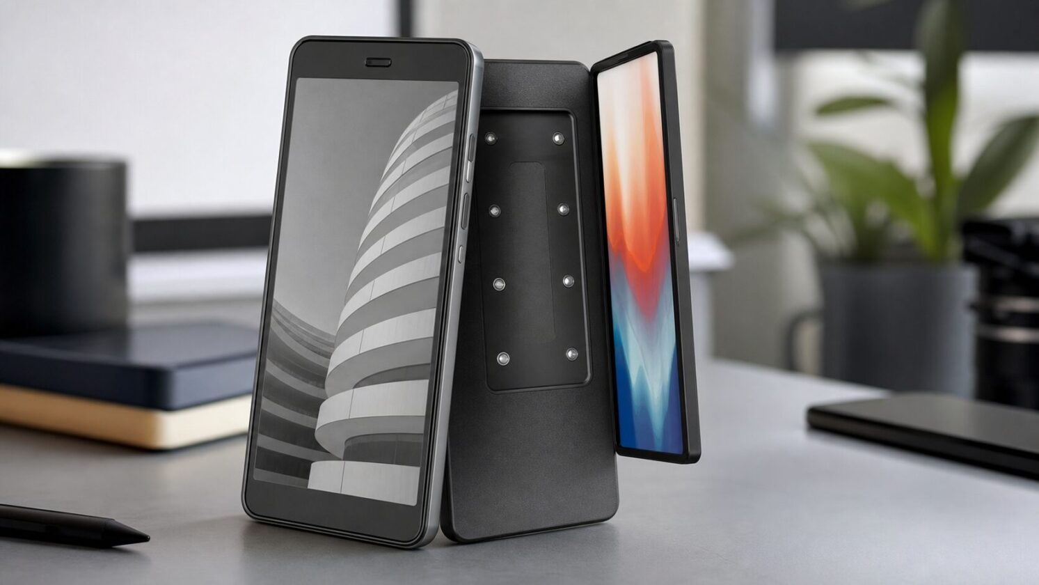 Imagem editorial gerada para a pauta: Hisense apresenta celular E Ink com tela LCD colorida destacável