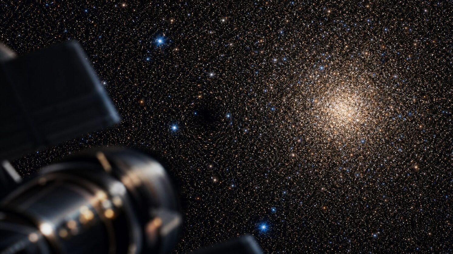 Imagem editorial gerada para a pauta: Hubble encontra primeiro buraco negro estelar de aglomerado onde eles estavam ‘sumidos’