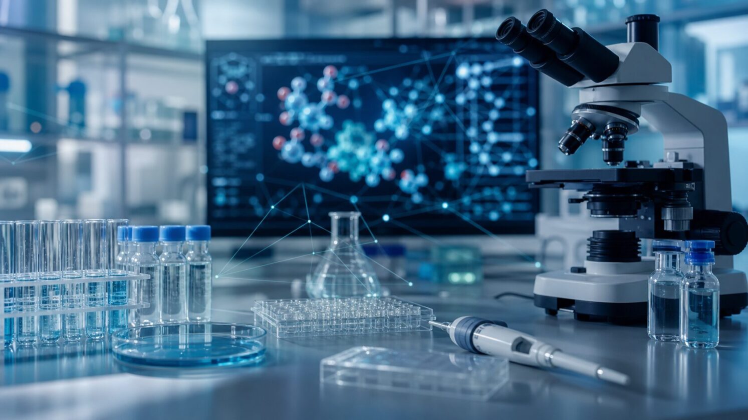 Imagem editorial para a matéria: IA na descoberta de medicamentos esbarra no desafio de fechar o ciclo de dados