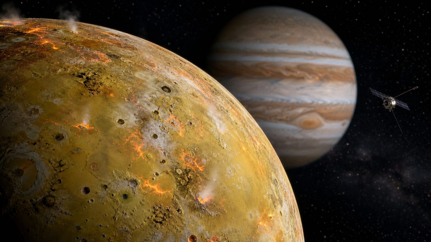 Imagem editorial para a matéria: Juno detecta calor sob a superfície de Io e amplia visão sobre atividade interna da lua