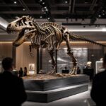 Imagem editorial gerada para a pauta: Leilão de T. rex reacende preocupação sobre fósseis fora do alcance da ciência