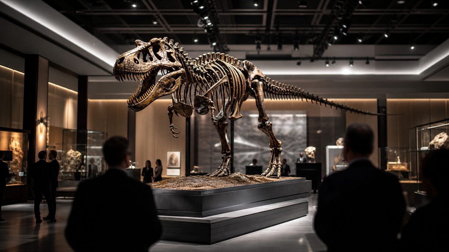 Imagem editorial gerada para a pauta: Leilão de T. rex reacende preocupação sobre fósseis fora do alcance da ciência