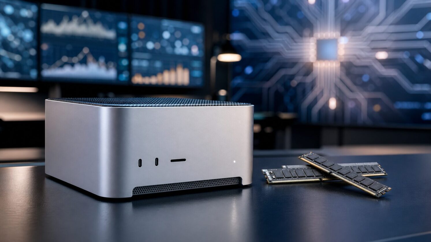 Imagem editorial para a matéria: Mac mini enfrenta filas e alta de preços com pressão da IA local e falta de memória
