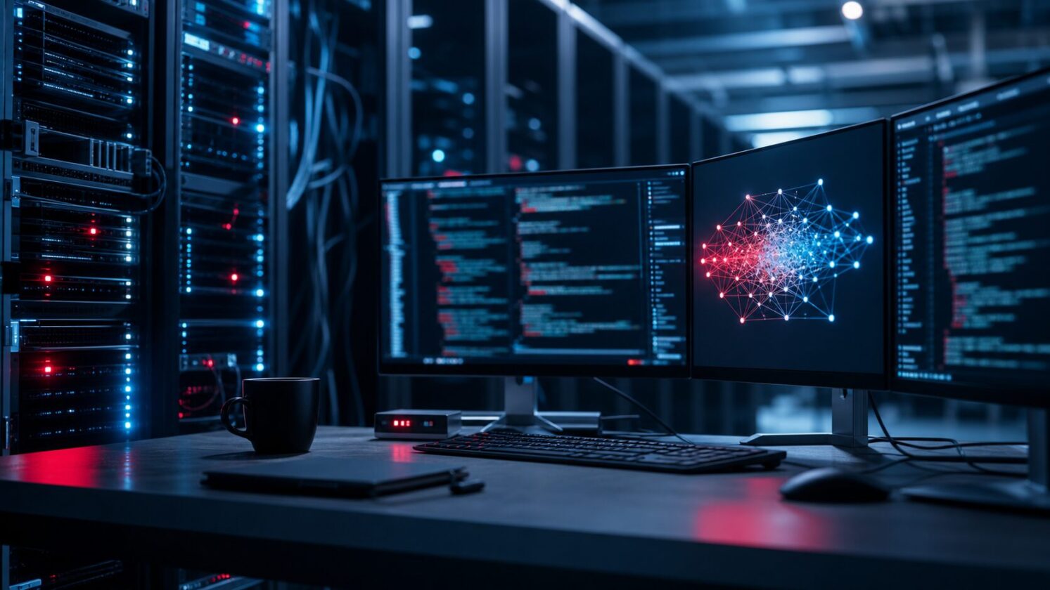 Imagem editorial para a matéria: Malware passa a mirar infraestrutura de IA e sistemas de codificação