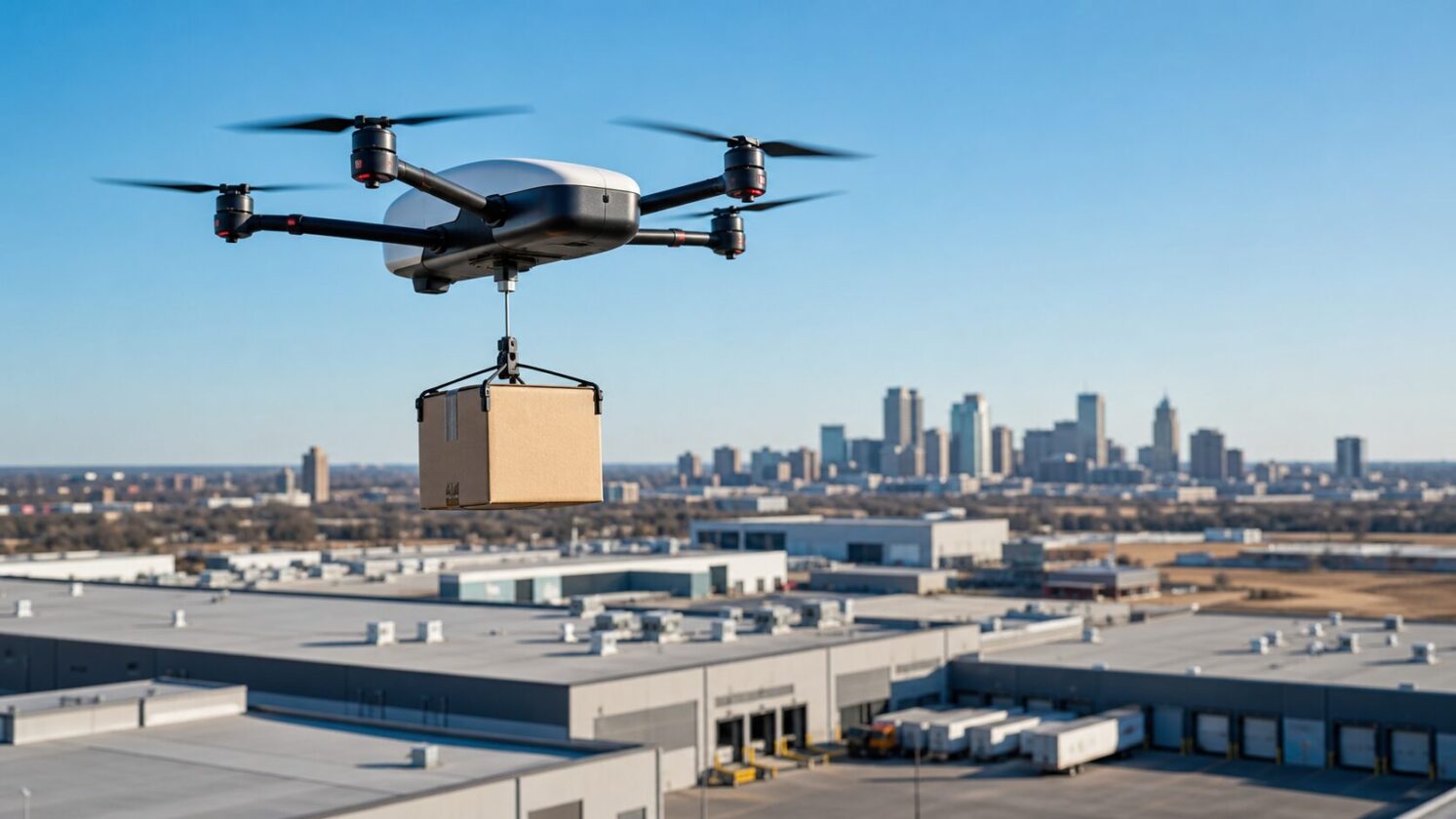 Imagem editorial gerada para a pauta: Manna planeja expansão de entregas por drones nos EUA com operação em Tulsa