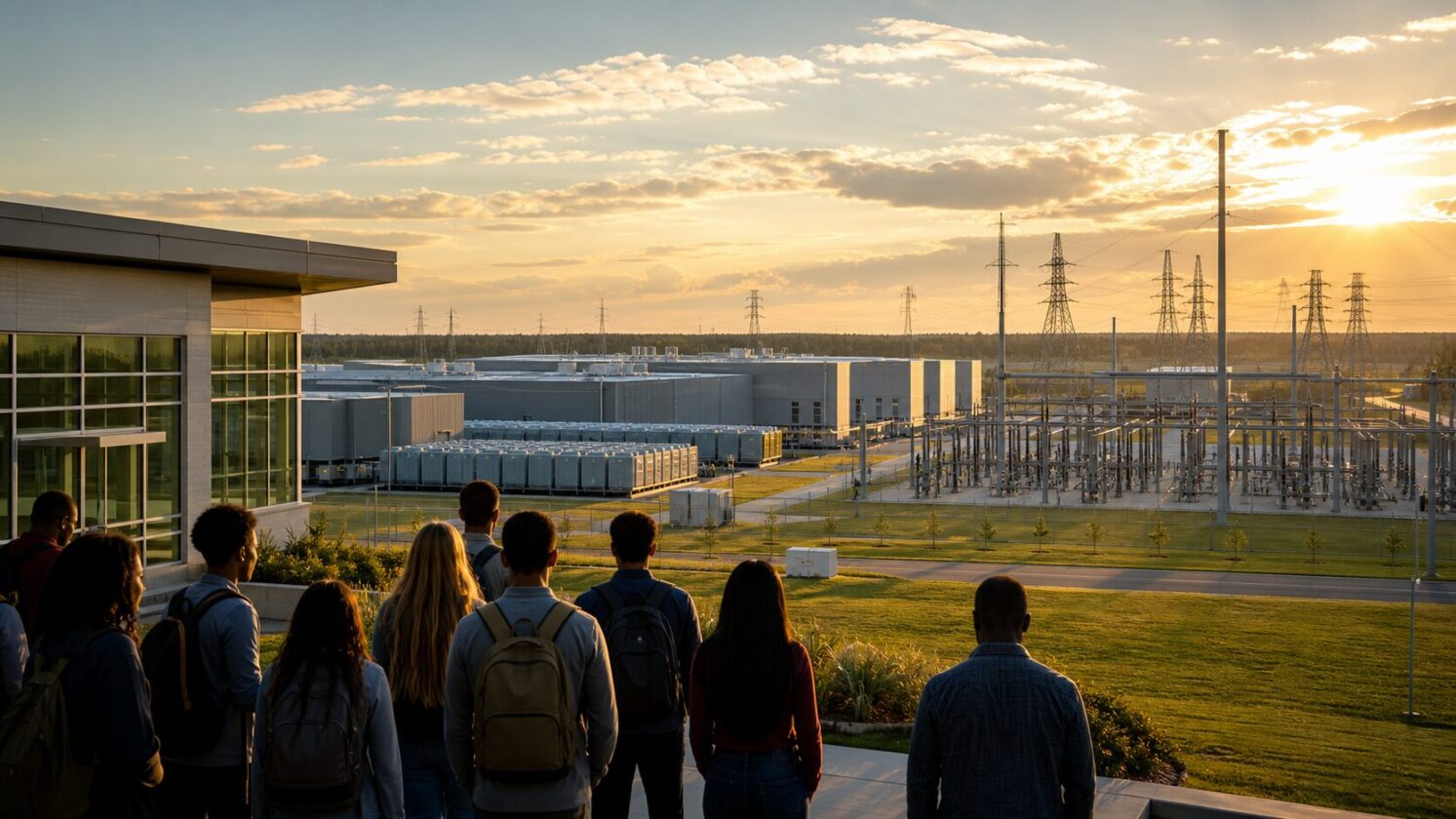 Imagem editorial gerada para a pauta: Meta amplia data center na Louisiana para 5 GW de capacidade computacional