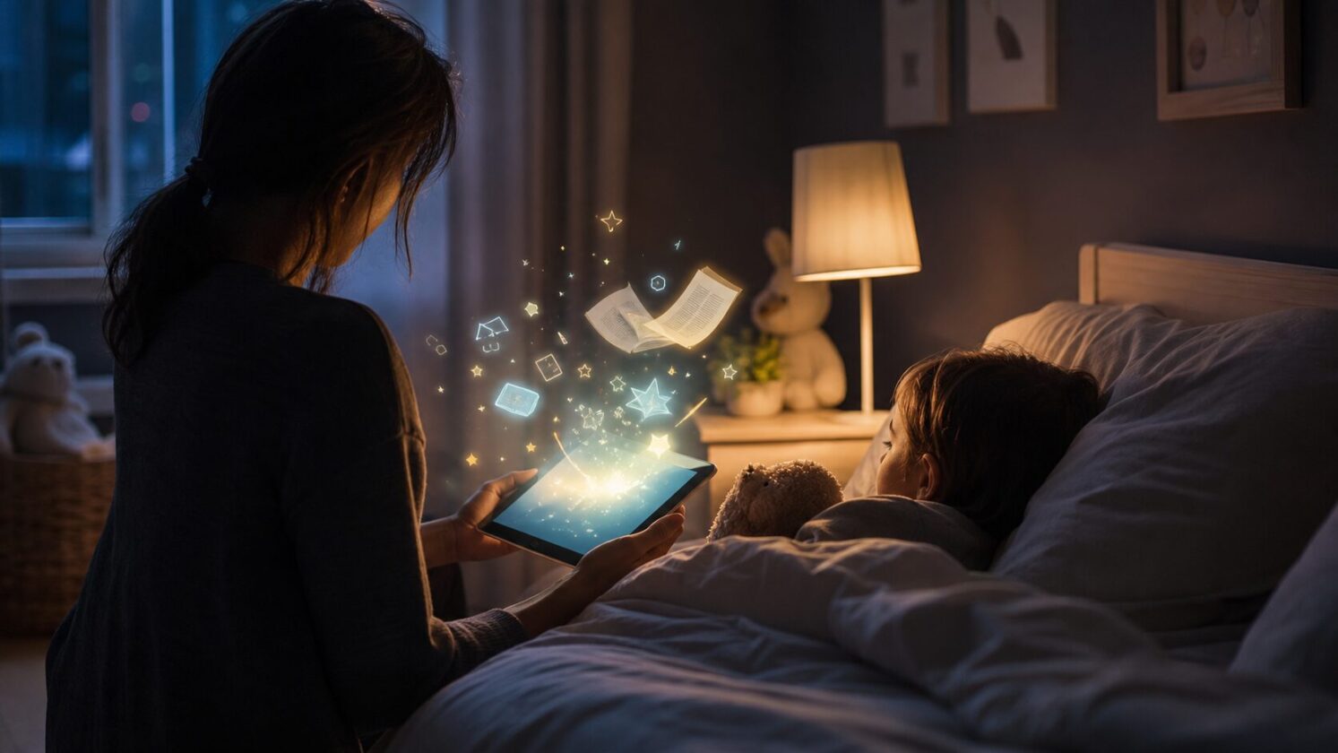 Imagem editorial para a matéria: Meta testa StoryKit, app de histórias de dormir criadas por IA